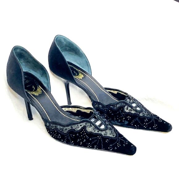 Rene Caovilla Stiletto Heels Pointy Toe Bead D'Orsay 8 8.5 39 Witch Black Velvet - Picture 1 of 16